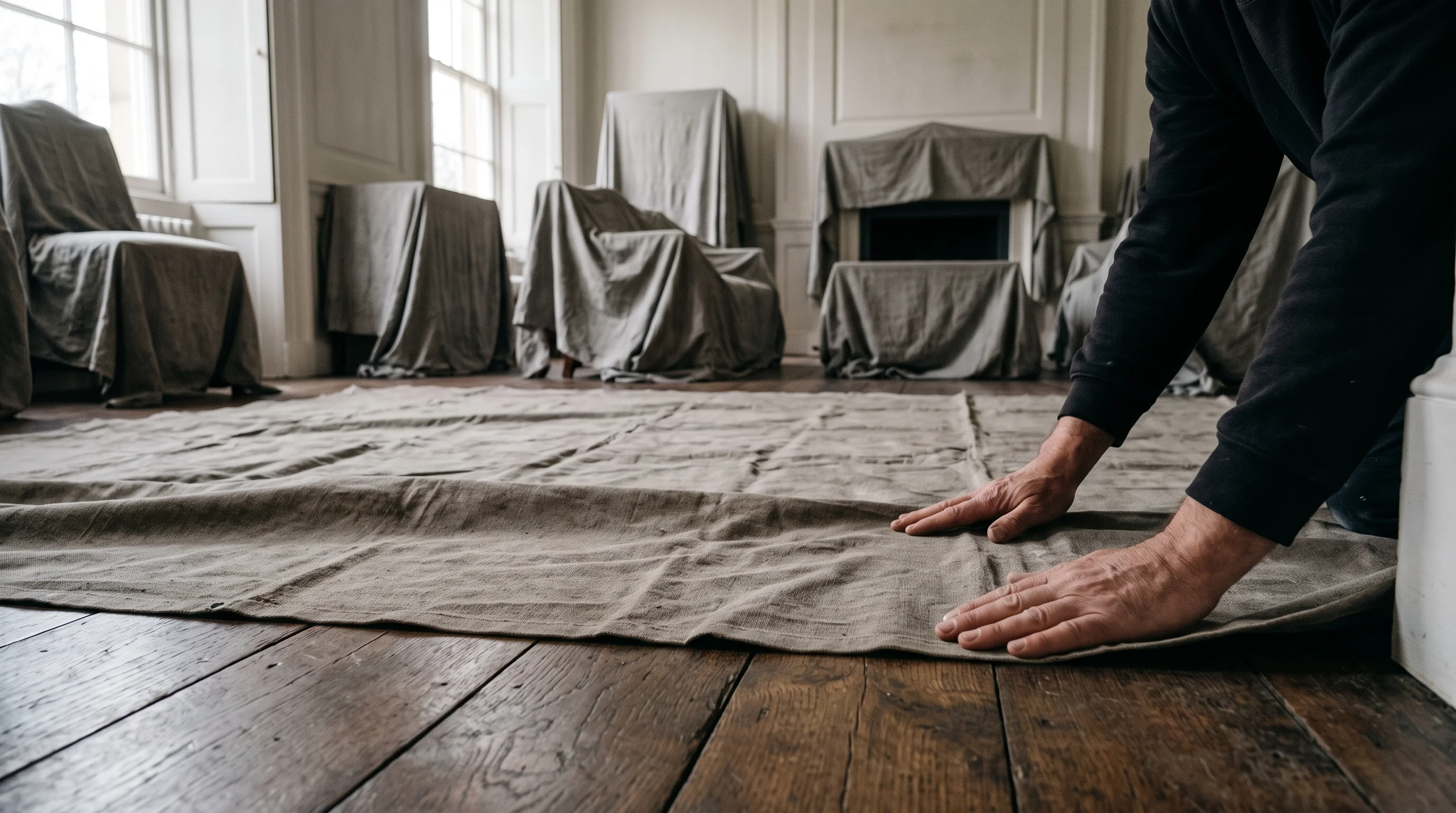 Dust sheets draped over furniture in a Georgian drawing room while a pair of hands smooths a canvas sheet across the floorboards