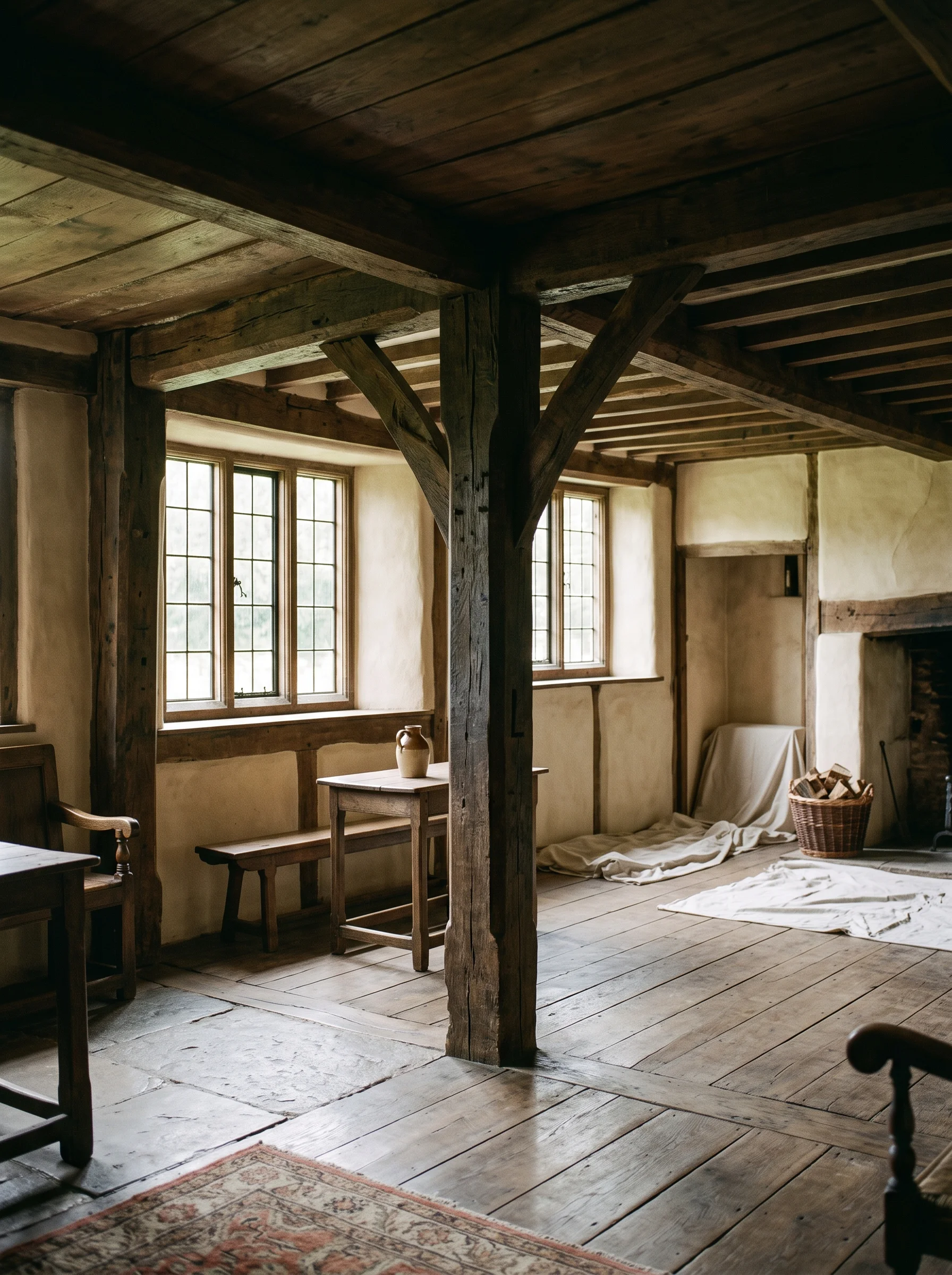 Inside a timber-framed farmhouse, exposed oak beams and leaded glass light falling across worn floorboards
