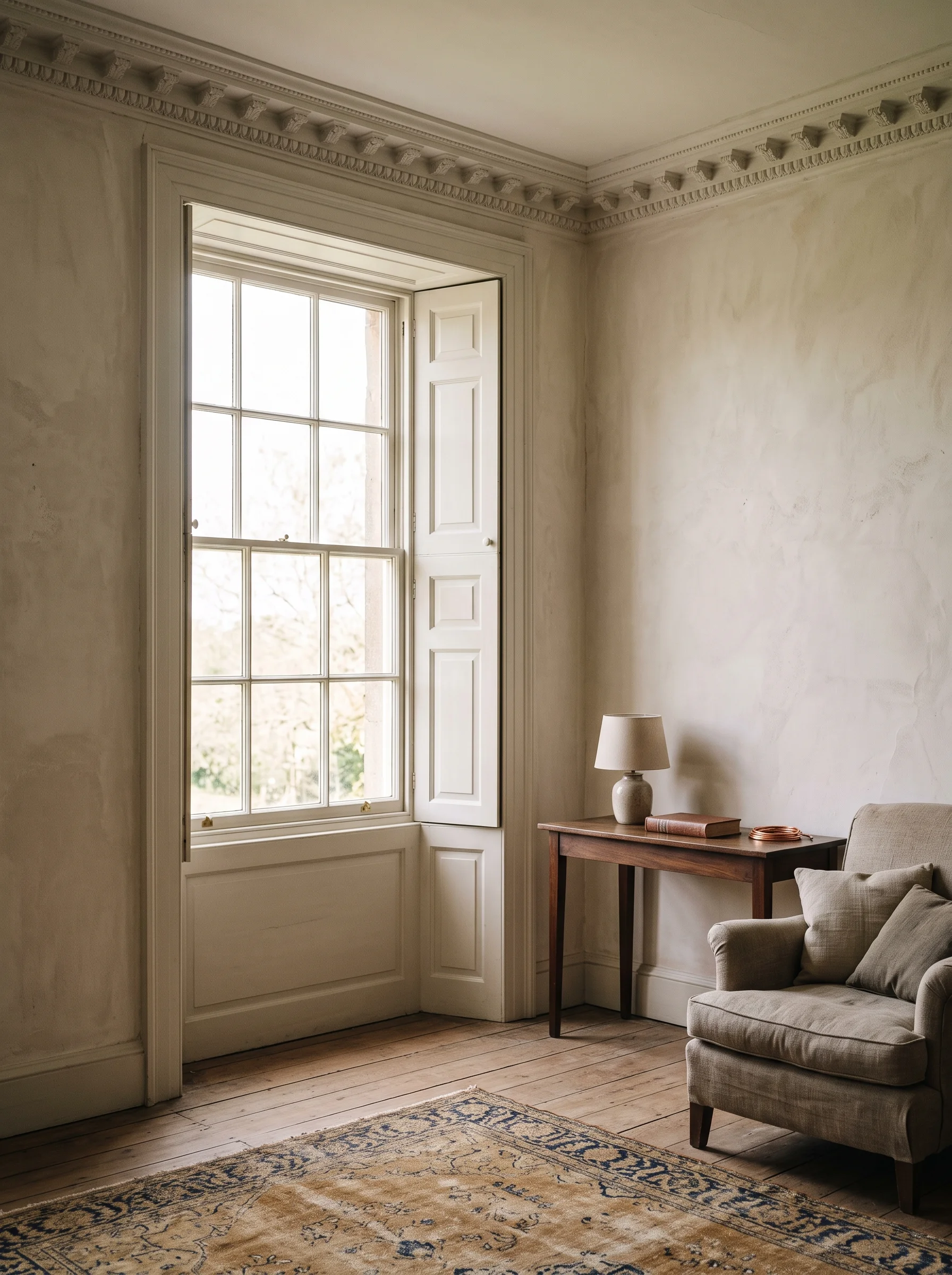 A daylit Georgian drawing room with tall sash window, folded shutters and original cornice
