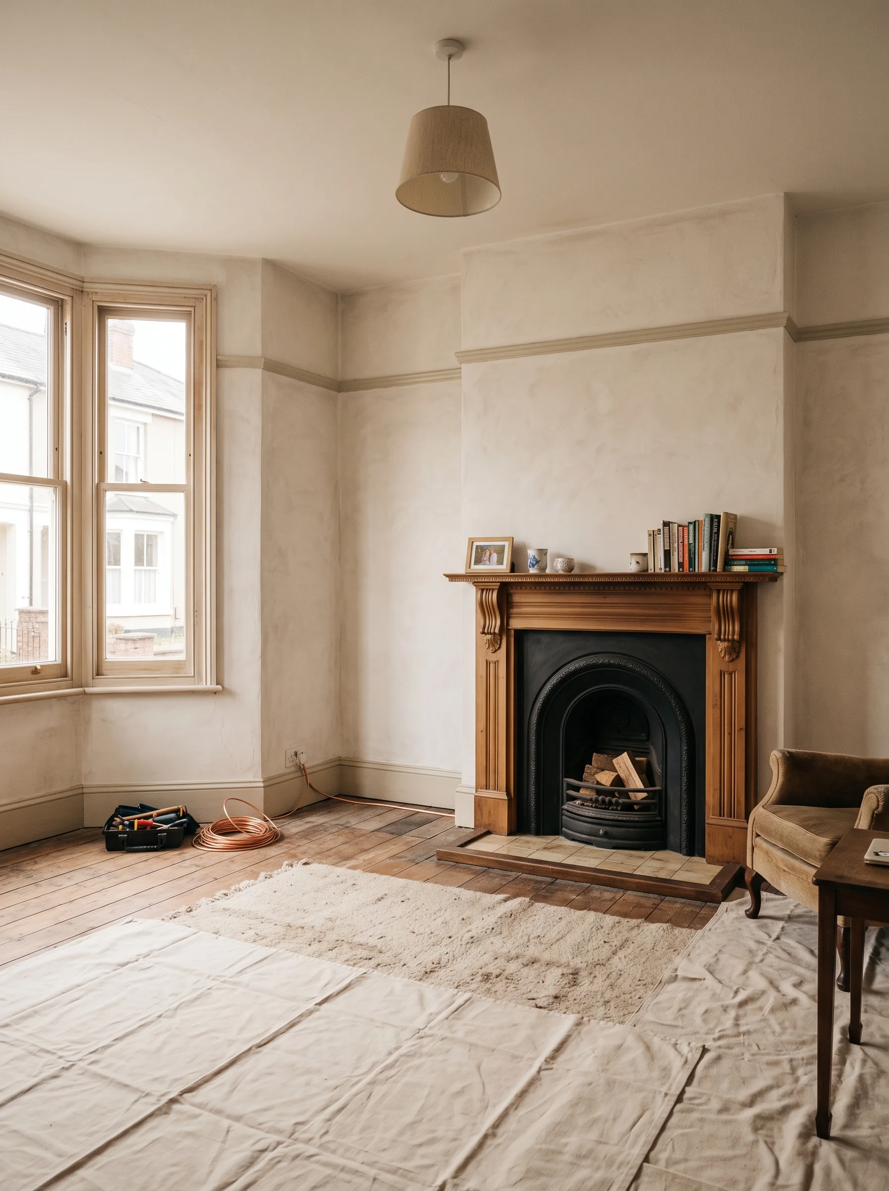 A lived-in Victorian terrace front room with bay window, picture rail and cast-iron fireplace