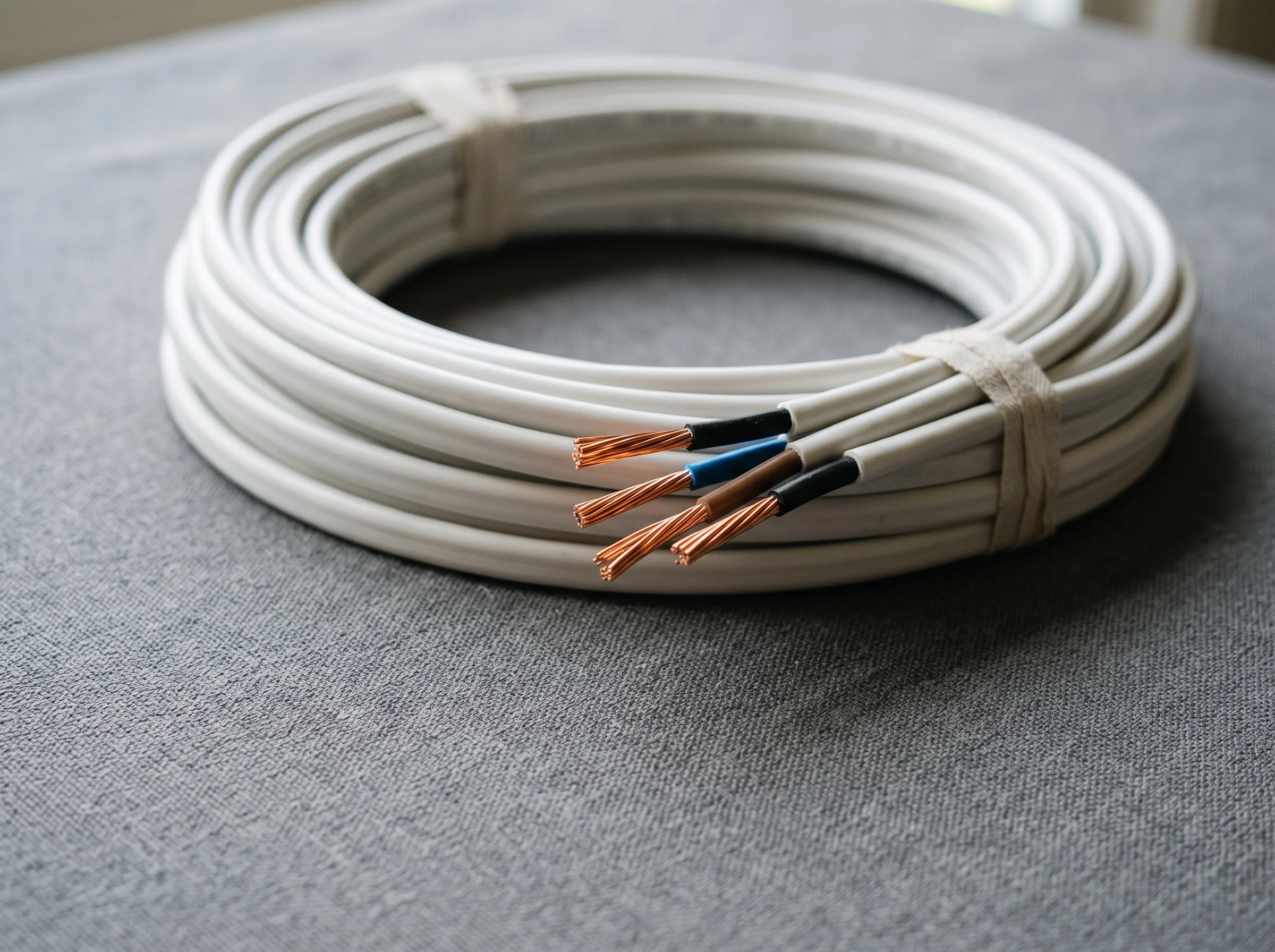 A coil of new sheathed cable with bright copper conductors exposed, resting on a grey canvas dust sheet