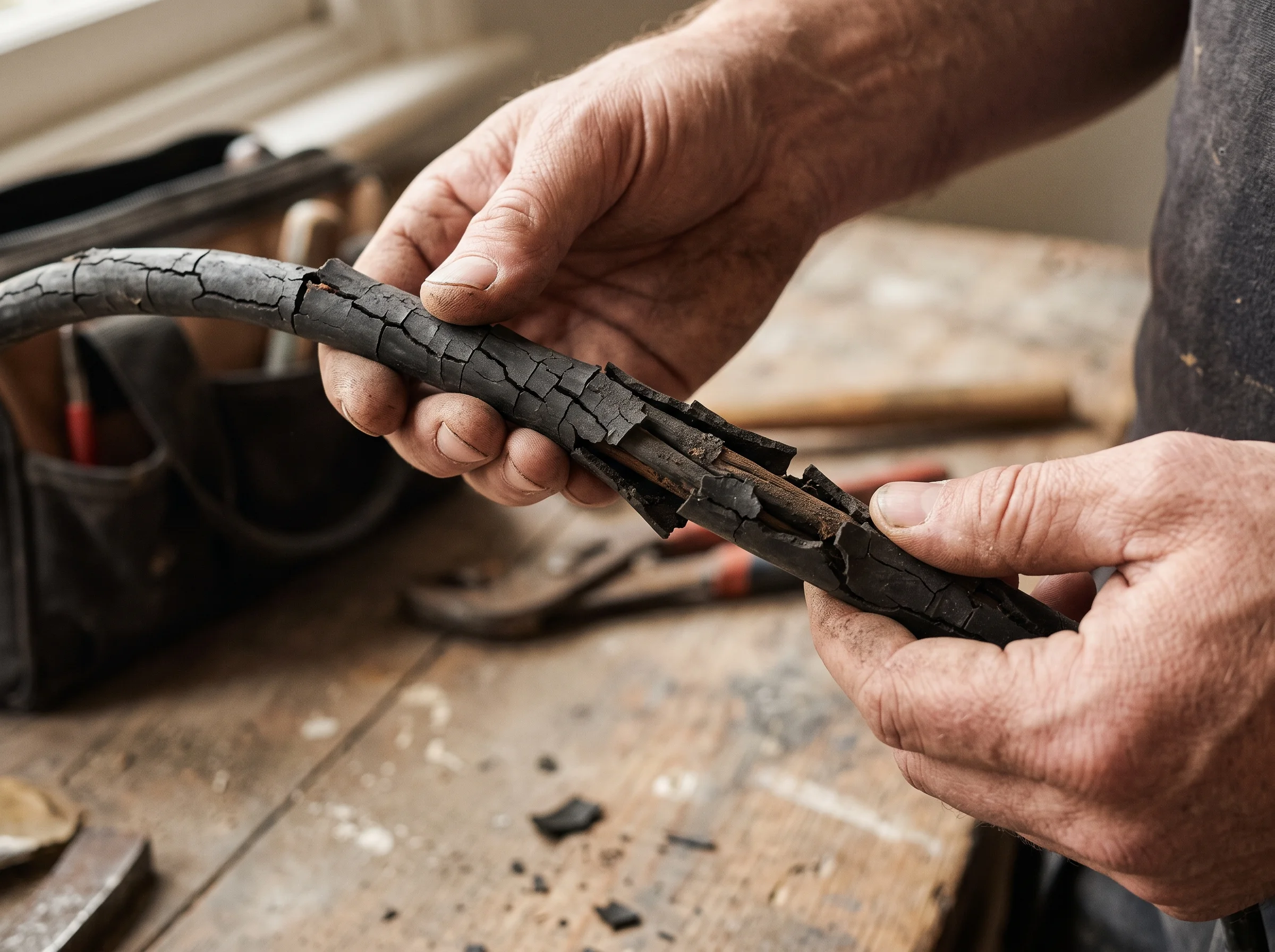 Hands holding a length of old black rubber-insulated cable with its insulation cracked and crumbling away