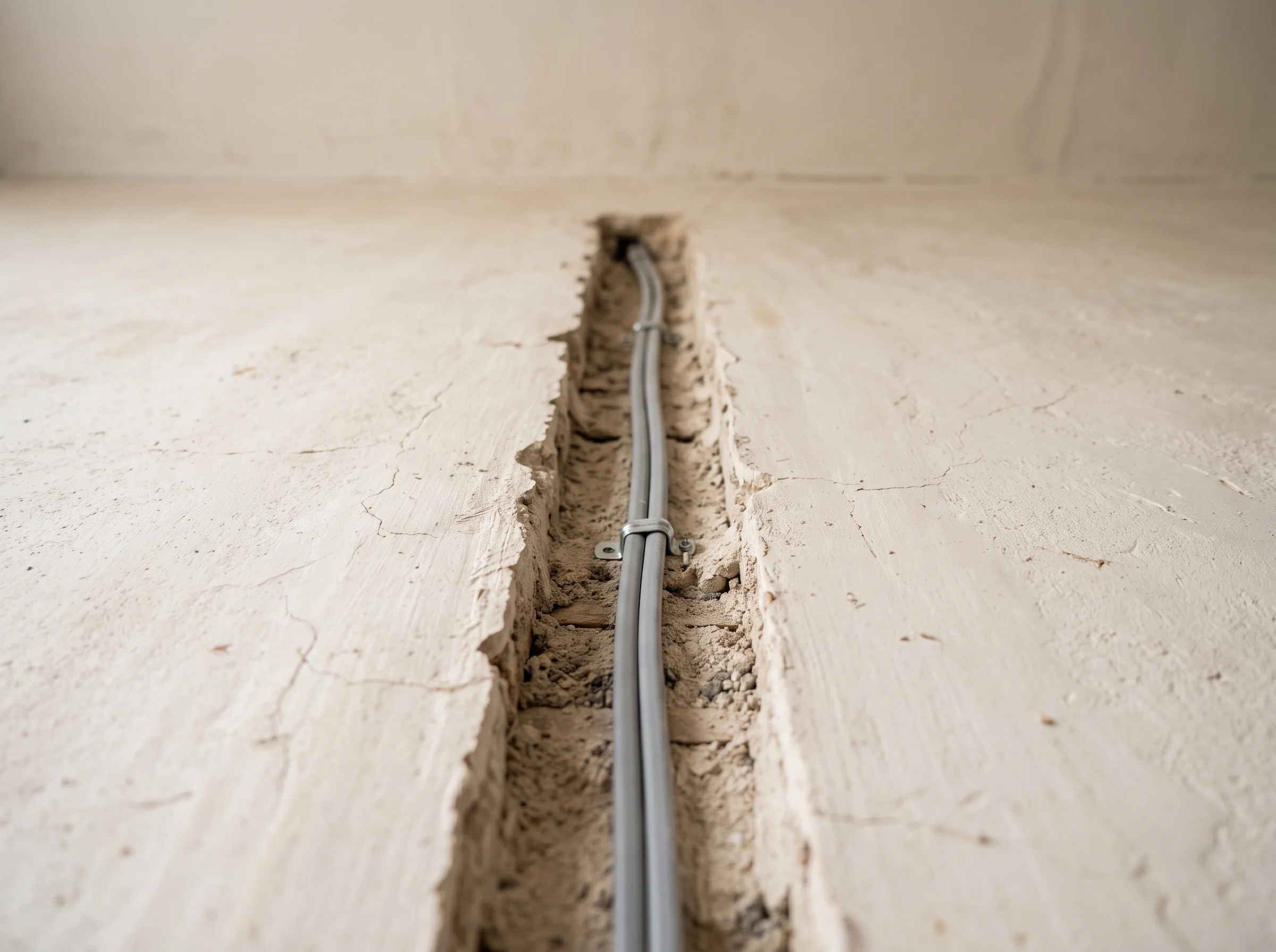 A narrow, straight chase cut by hand into lime plaster with a new cable laid inside it