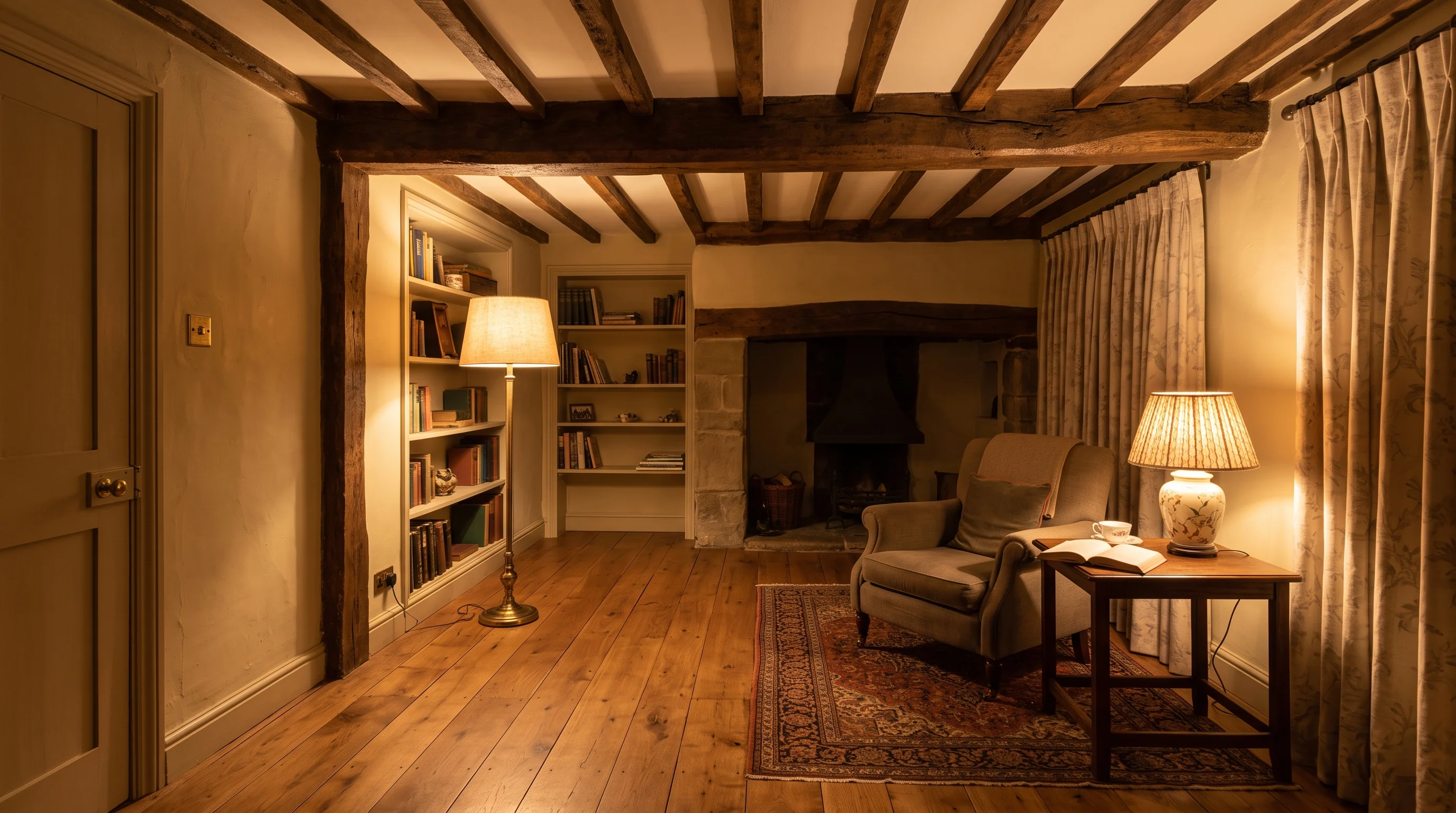 A beamed farmhouse sitting room at evening, lamps lit, furniture in place, no trace of any electrical work
