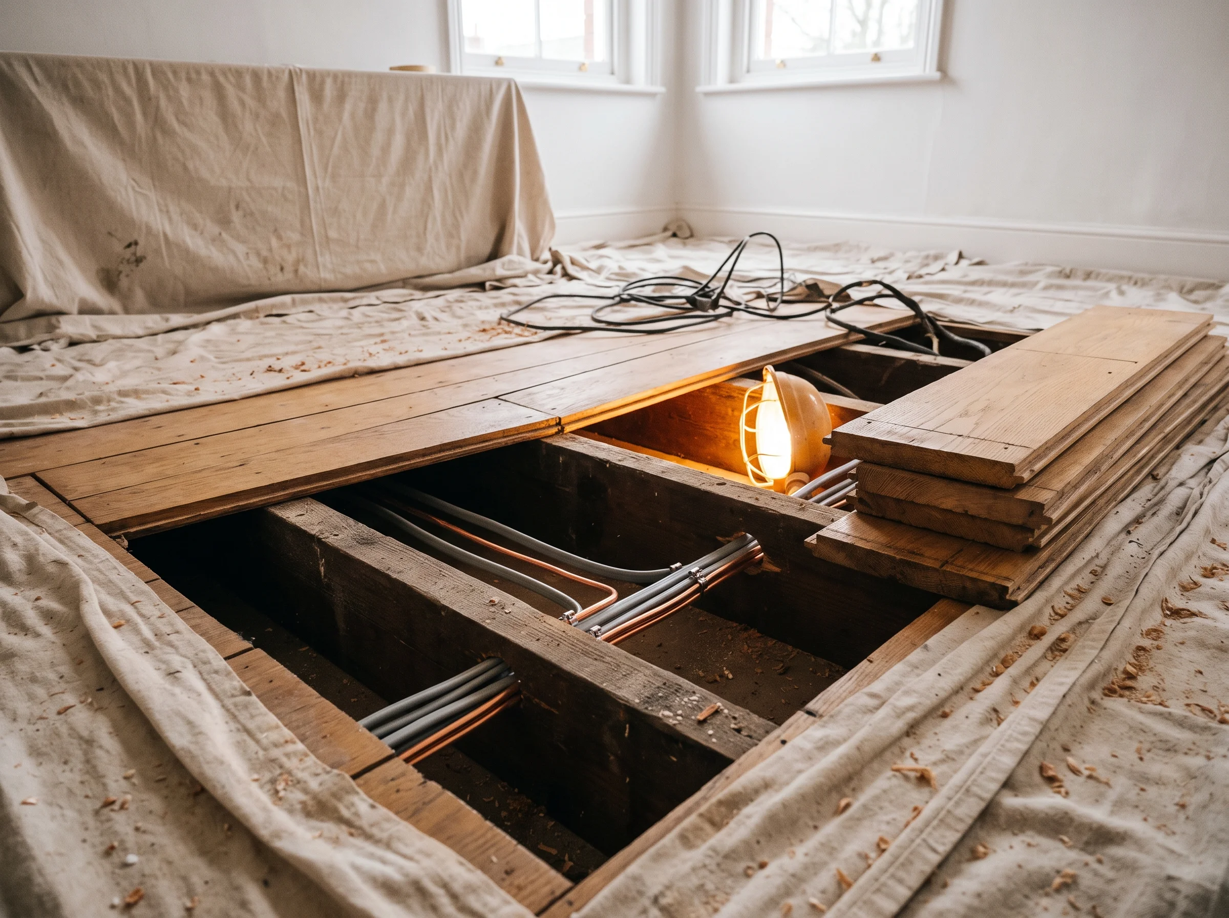 Two floorboards lifted in a dust-sheeted Victorian front room, new cable lit amber between the joists