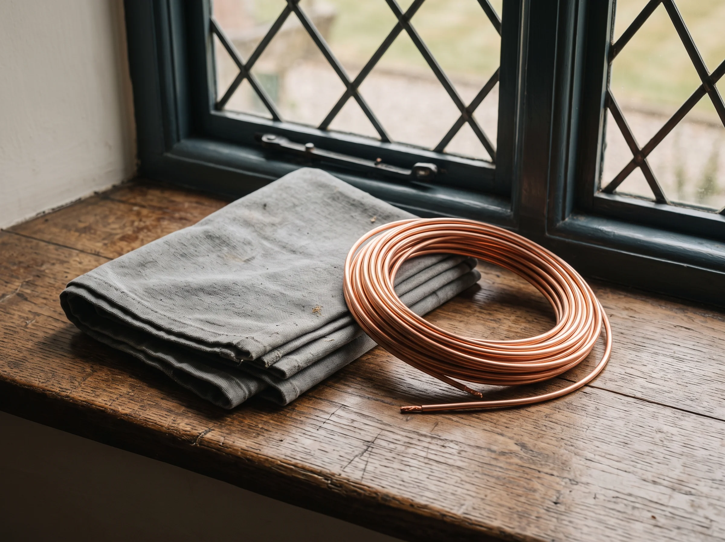 A folded grey dust sheet and a coil of new copper cable resting on a worn oak sill in light through leaded glass
