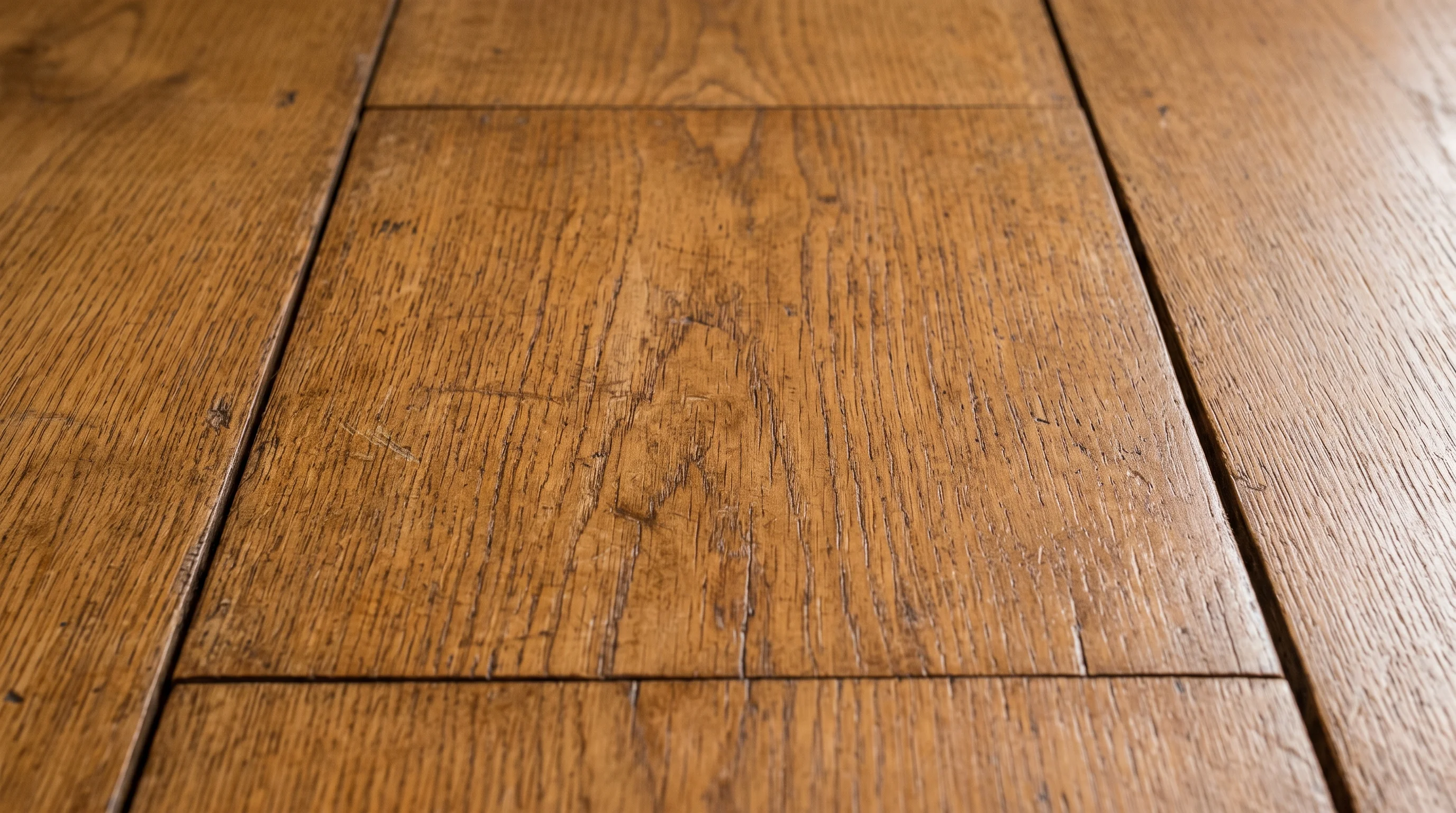 The surface of a single worn oak floorboard, honeyed grain running the full width of the frame