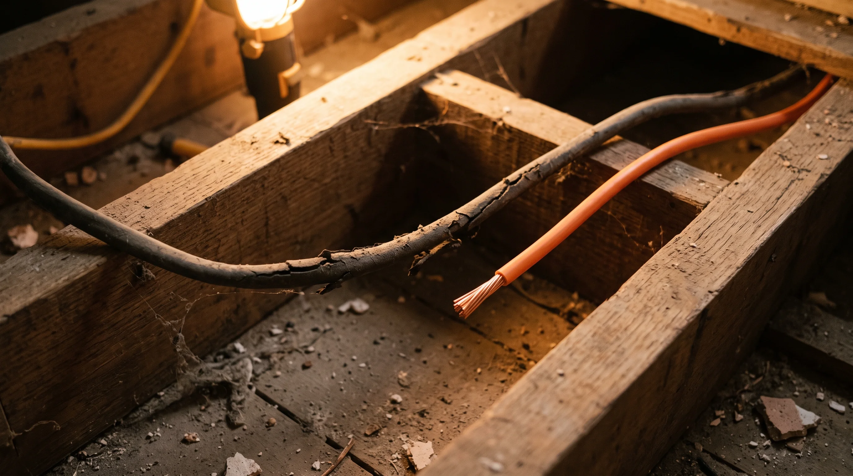 Beneath the floorboards: perished black rubber cable lying beside a bright new copper run between oak joists, lit amber by a work lamp