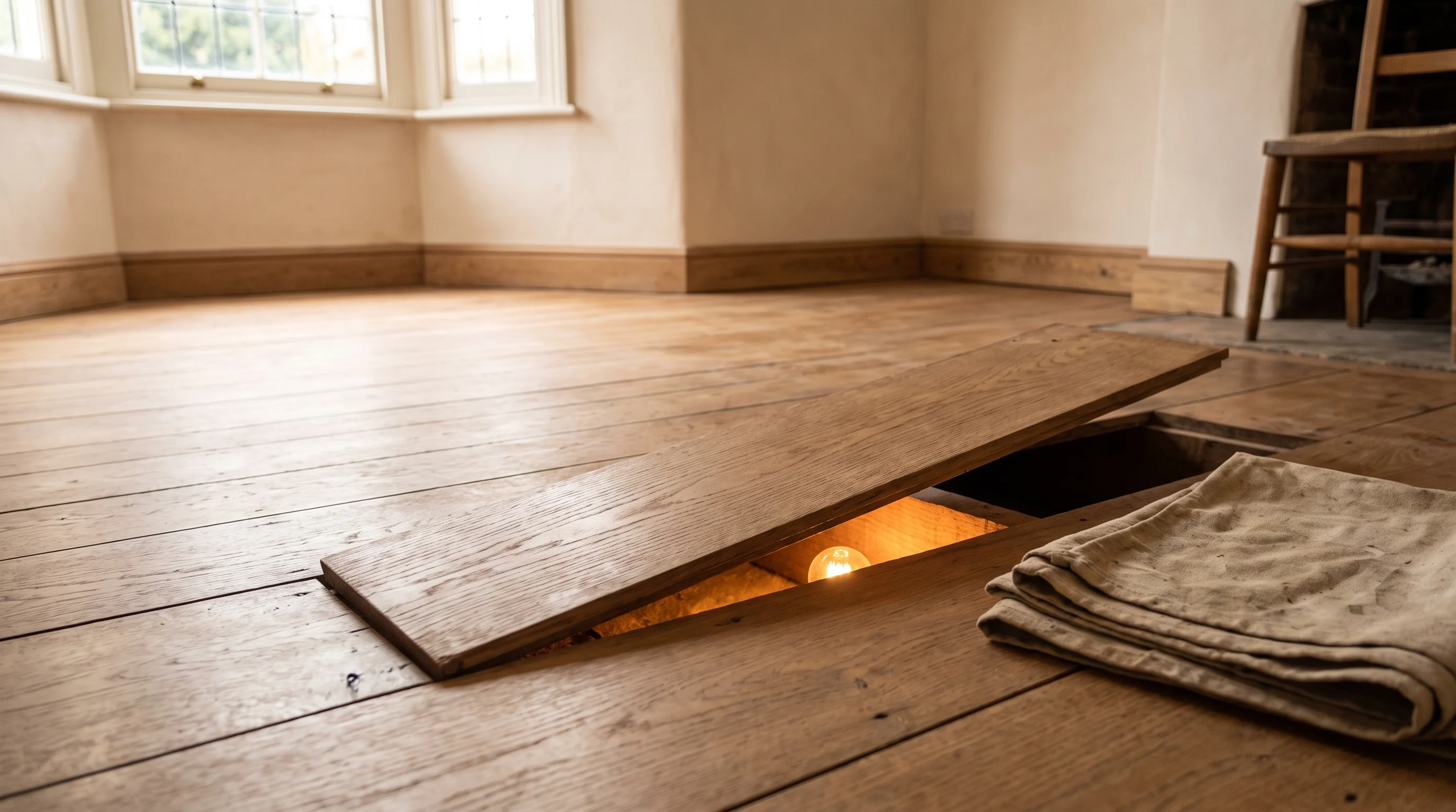 A single oak floorboard is lifted in a wood-floored room, revealing a glowing lamp underneath, with a folded dust sheet resting on the floor near a window.