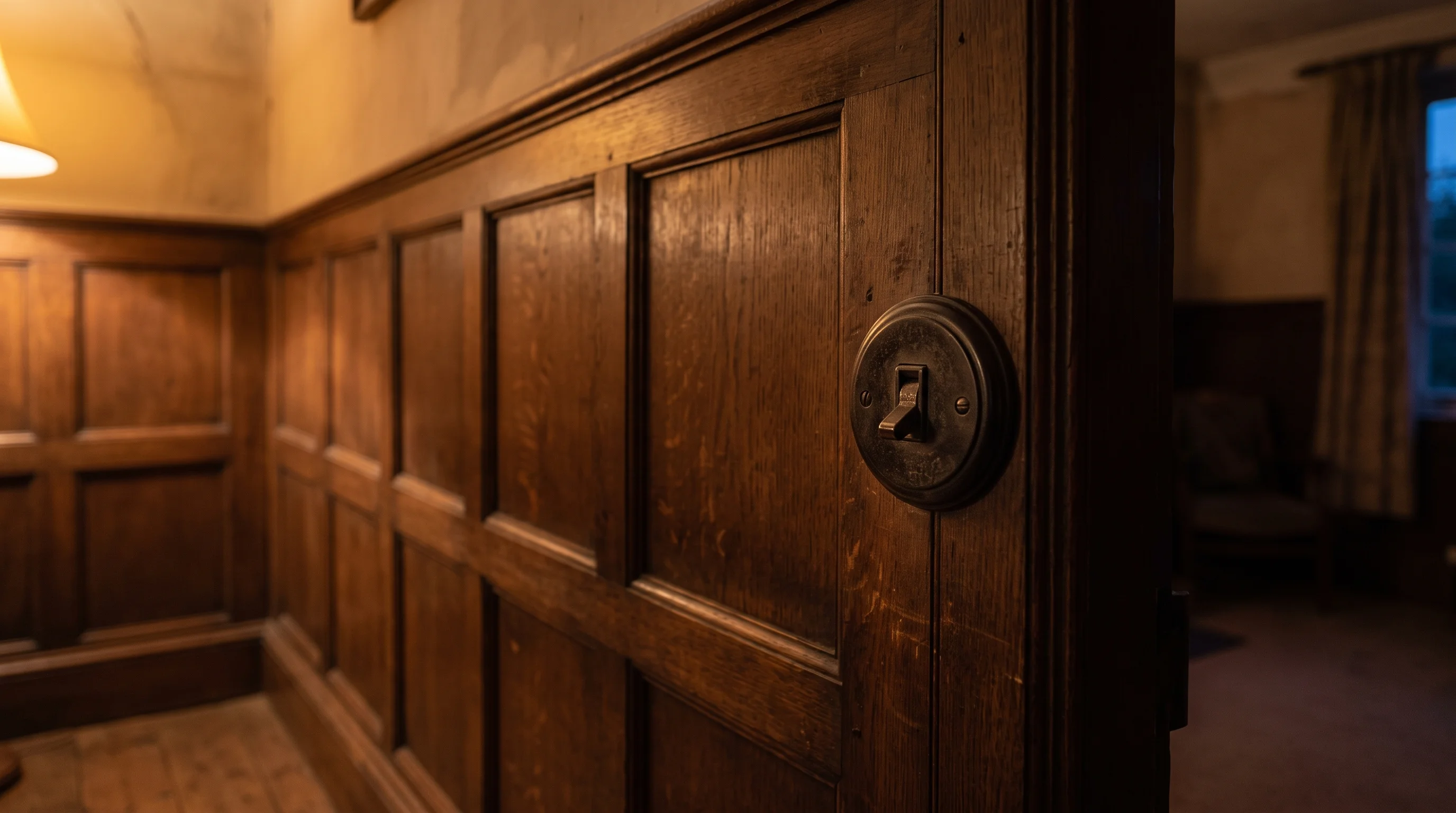 Lamplight falling across old plaster and a black Bakelite toggle switch on a panelled wall at dusk